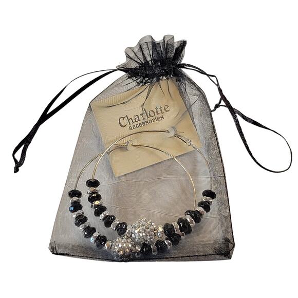 Large Black Beaded Hoop Earrings 3" Silver Tone Rhinestone Accent Pierced Trendy - Picture 7 of 8